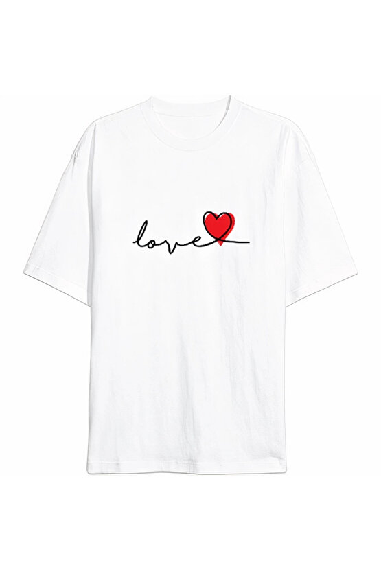 Sevgililer Günü İçin Özel Tasarım Love Baskılı T-shirt - Beyaz