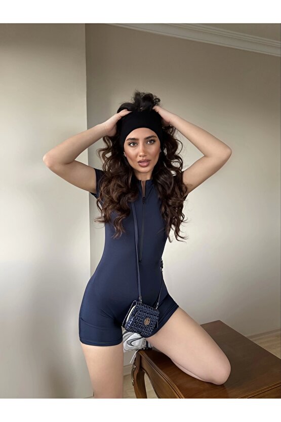 Lacivert Fermuarlı Şort Tulum