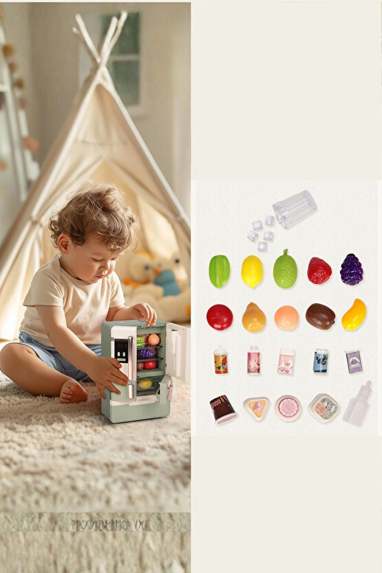 Oyuncak Işıklı ve Müzikli Buhar Çıkaran 28 Parça Aksesuarlı Buzdolabı Gerçekçi