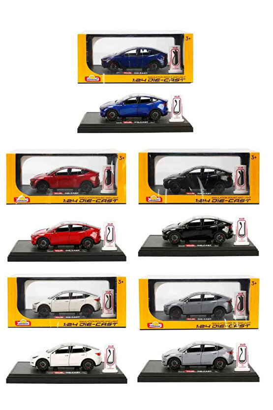 Die Cast Koleksiyonluk 1:24 Ölçek Tesla Model Y Metal Araba Şarj İstasyonu Dahil Sesli Işıklı
