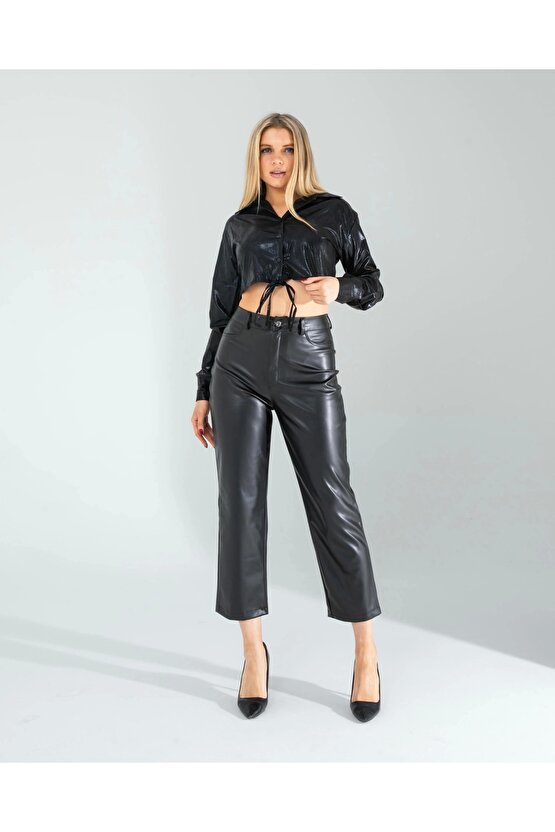 Siyah Yılan Varaklı Beli Bağcıklı Gömlek