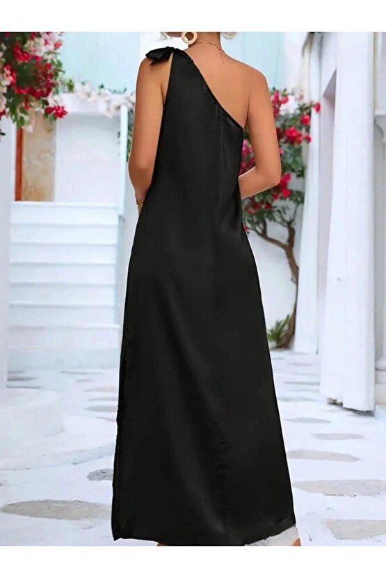 Kadın Tek Omuzdan Askılı Kurdela Detaylı Yırtmaçlı Uzun Janjan Krep Elbise