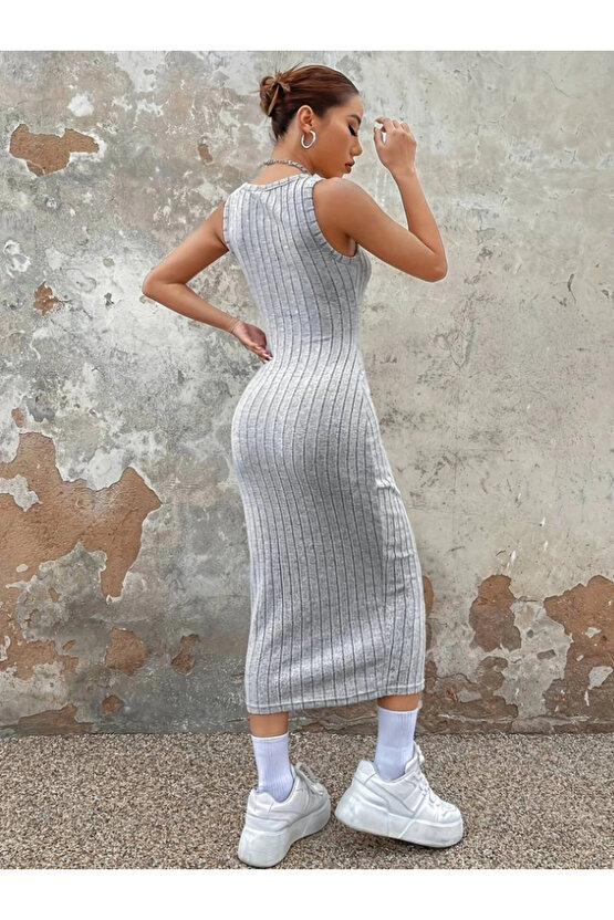 Kadın Kalın Askılı Kare Yaka Fitilli Kaşkorse Midi Boy Elbise