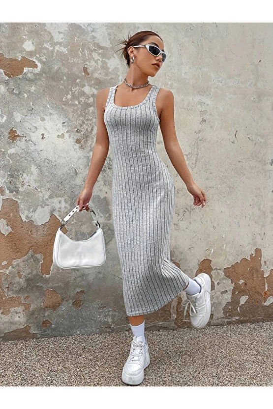 Kadın Kalın Askılı Kare Yaka Fitilli Kaşkorse Midi Boy Elbise