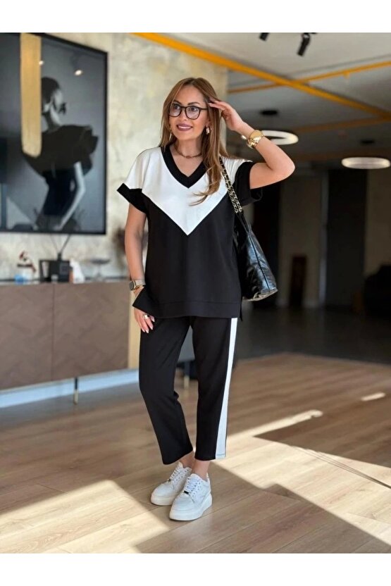 Kadın Kısa Kollu V Yakalı çift Renkli Viskon Iki Iplik Ikili Bluz Ve Pantolon Takım