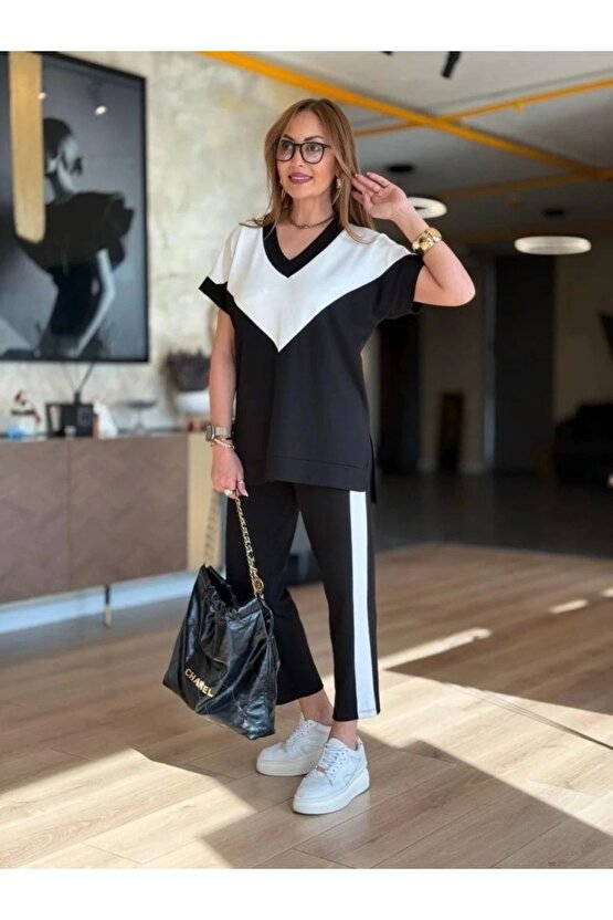 Kadın Kısa Kollu V Yakalı çift Renkli Viskon Iki Iplik Ikili Bluz Ve Pantolon Takım