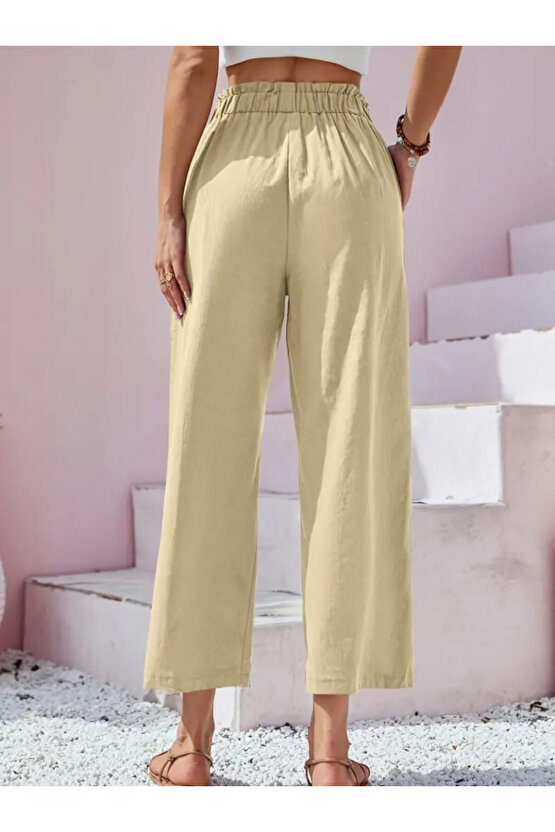 Gökyüzü Moda Kadın Bel Büzgü Ve Düğme Detay Kapri Keten Pantolon