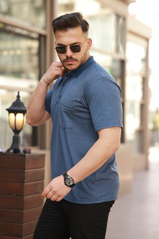 Kendim Fashion Erkek Yakalı Mini Jakarlı Kısa Kollu T-shirt