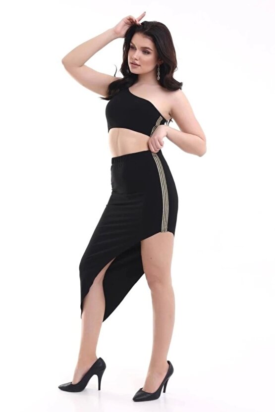 Kadın Tek Omuzlu Asimetrik Etek Şerit Detaylı Fırsat Ürün Sandy Kumaş İkili Takım