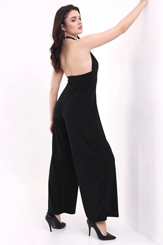 Kadın V YakaSırt Dekolteli Geniş Paça Sandy Kumaş Fırsat Ürün Tulum