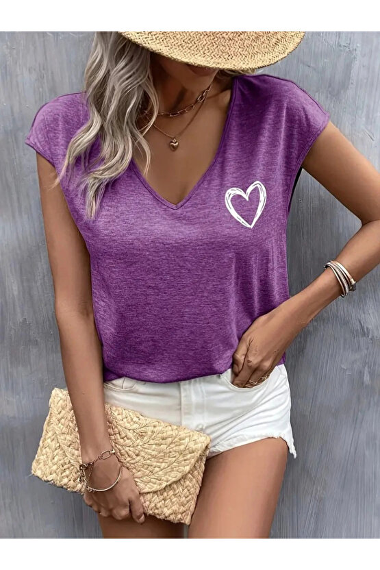 Kadın Kısa Kollu V Yakalı Kalp Baskılı Viskon Bluz