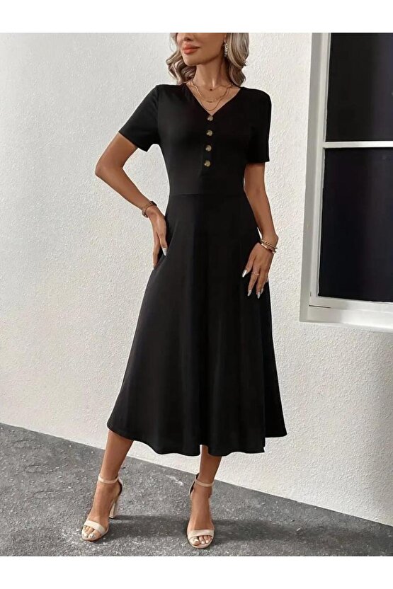 Kadın Kısa Kollu V Yakalı önden Düğmeli Yırtmaçlı Midi Viskon Elbise