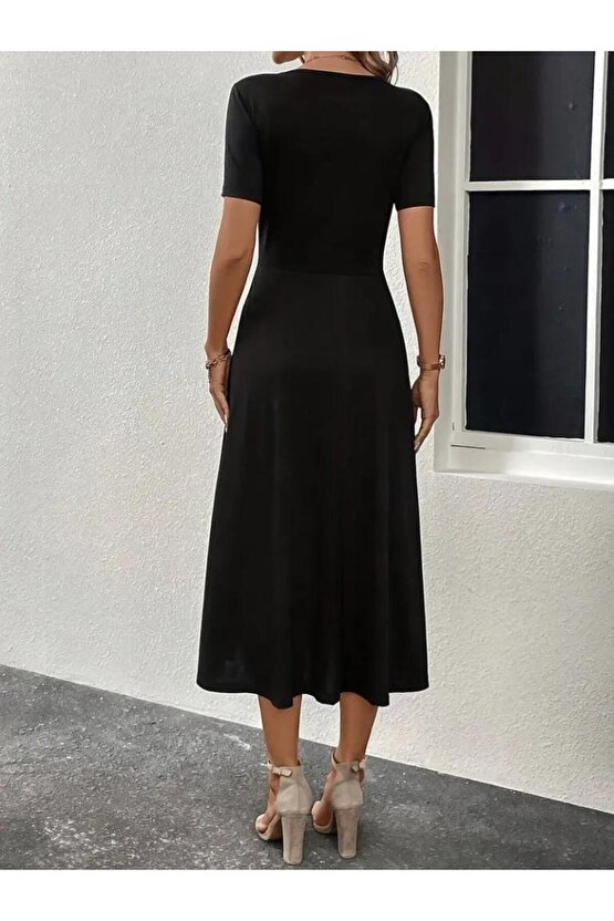 Kadın Kısa Kollu V Yakalı önden Düğmeli Yırtmaçlı Midi Viskon Elbise