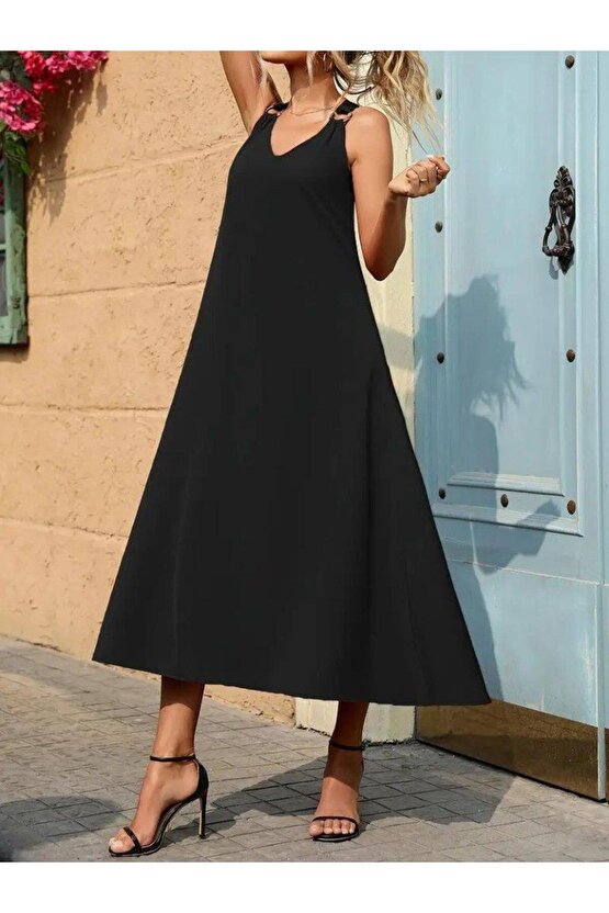 Kadın Askılı V Yakalı Halka Detaylı Maksi Boy Viskon Elbise