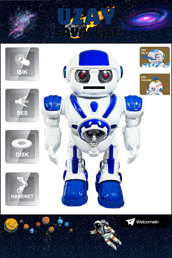 Mavi Büyük Boy Disk Atan Yürüyen Oyuncak Uzay Savaşçısı Robot Sesli Işıklı ve Pilli Robot +3 Yaş