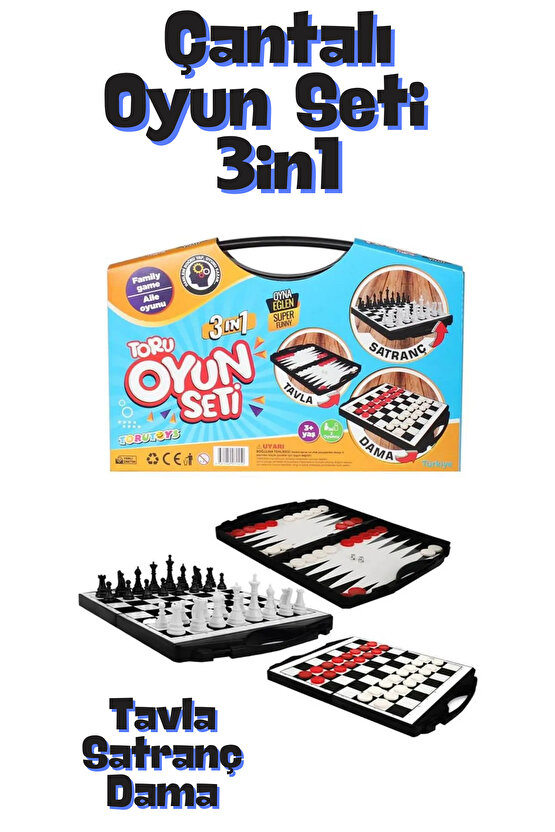 3 ü 1 Arada Çantalı Oyun Seti Satranç-Dama-Tavla Yılbaşı ve Özel Günlerde Aktivite Zeka Oyunları