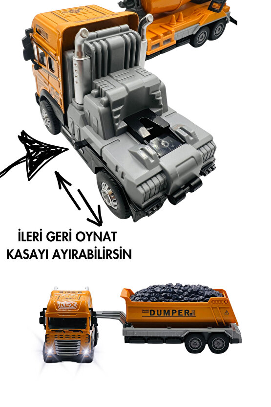 Oyuncak Kutulu İş Makinesi Sesli Işıklı Çek Bırak Metal Vinç, Beton Mikseri, Kamyon, Kepçe 30 Cm
