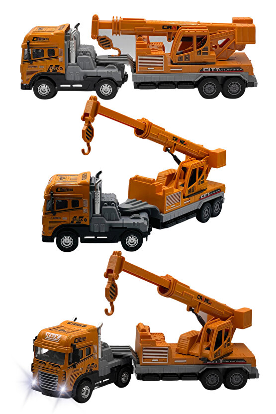 Oyuncak Kutulu İş Makinesi Sesli Işıklı Çek Bırak Metal Vinç, Beton Mikseri, Kamyon, Kepçe 30 Cm