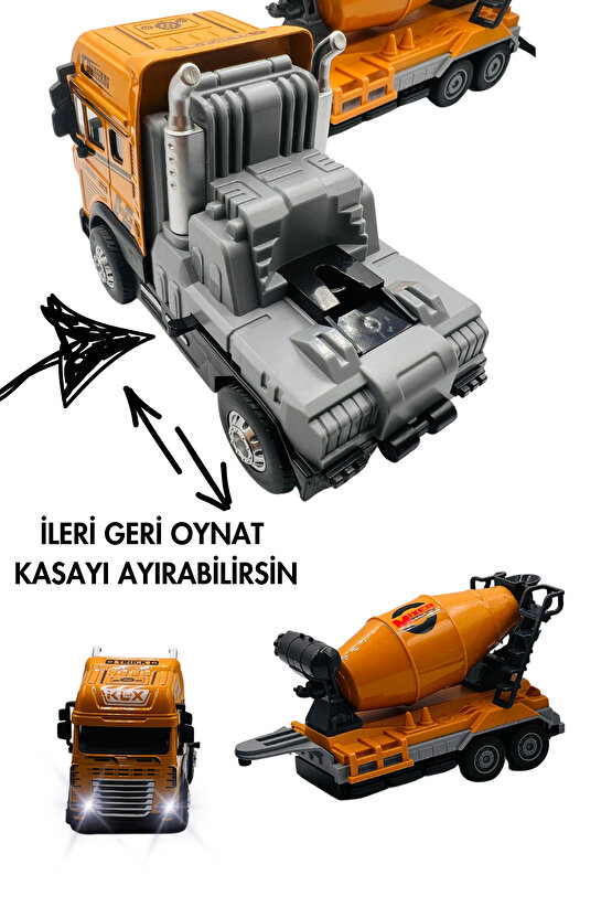 Oyuncak Kutulu İş Makinesi Sesli Işıklı Çek Bırak Metal Vinç, Beton Mikseri, Kamyon, Kepçe 30 Cm