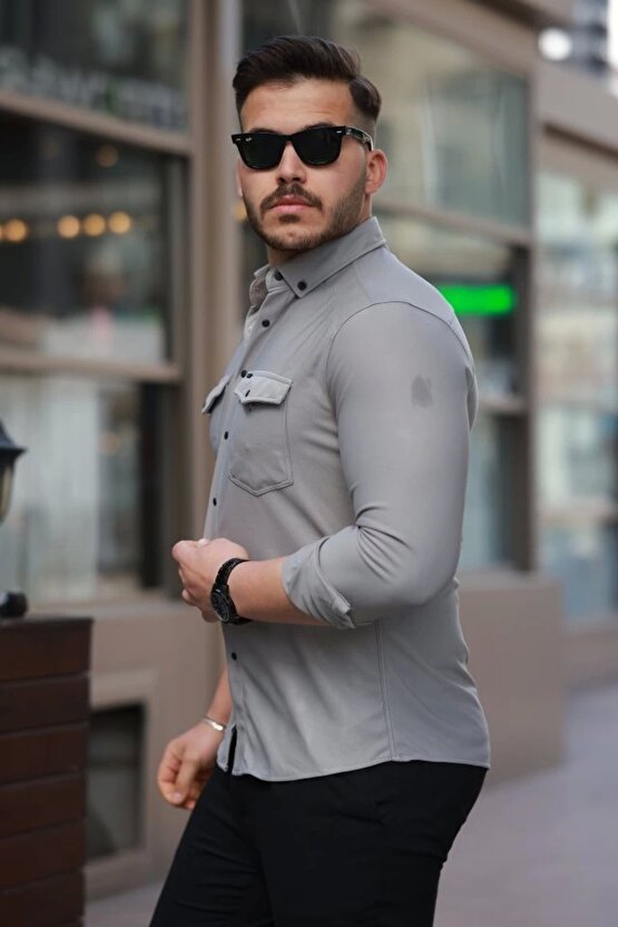 GACHA Erkek çift Cepli çıtçıt Düğmeli Uzun Kollu Gömlek