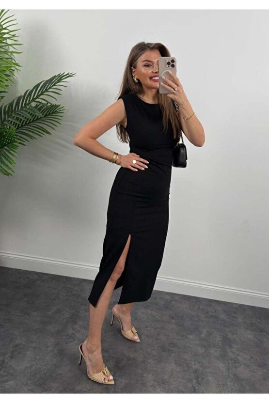 Kadın Askılı Kolsuz Belden Büzgülü Yırtmaçlı Midi Janjan Krep Elbise