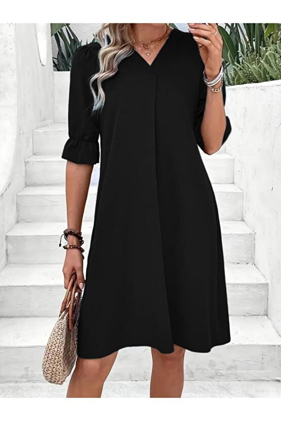 Kadın Kısa Kollu V Yakalı Salaş Janjan Krep Elbise