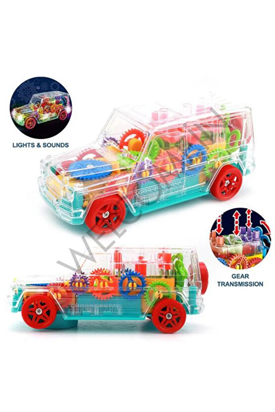Oyuncak Şeffaf Görünümlü Kırılmaz Pilli Dişli Çarklı Sesli ve Işıklı Jeep Araba