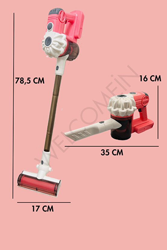 Pembe Kablosuz Model Oyuncak Süpürge Dikey Süpürge Seti 3 Başlıklı Pilli Temizlik Aktivite