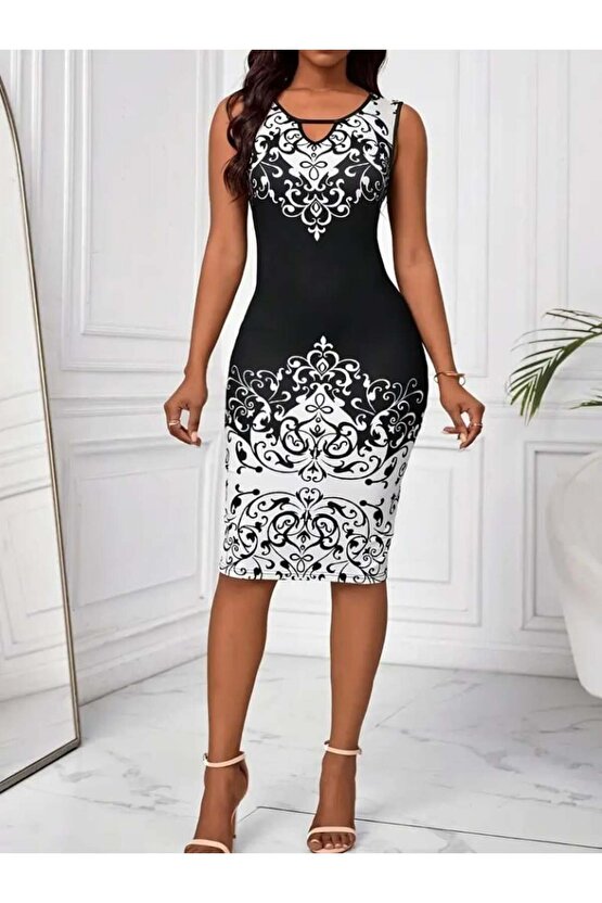 Kadın Askılı V Yakalı Desenli Dalgıç Elbise