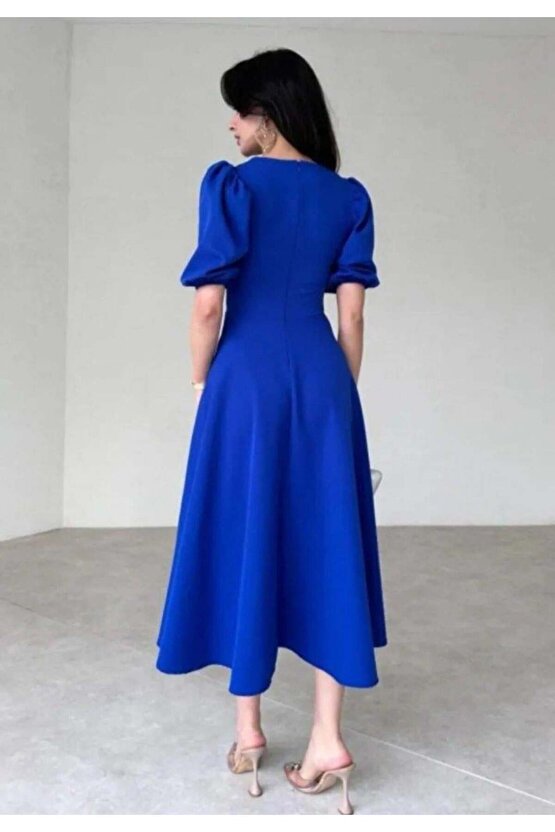 Kadın Kısa Balon Kollu Bisiklet Yaka Geniş Kesim Janjan Krep Elbise