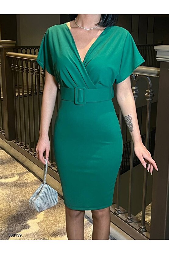 Kadın Dalgıç Krep V Yaka Ve Sırt Dekolte Detaylı Elbise