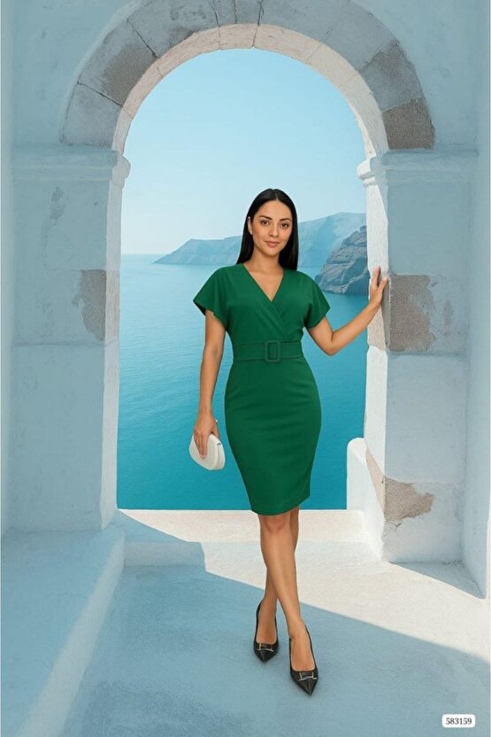 Kadın Dalgıç Krep V Yaka Ve Sırt Dekolte Detaylı Elbise