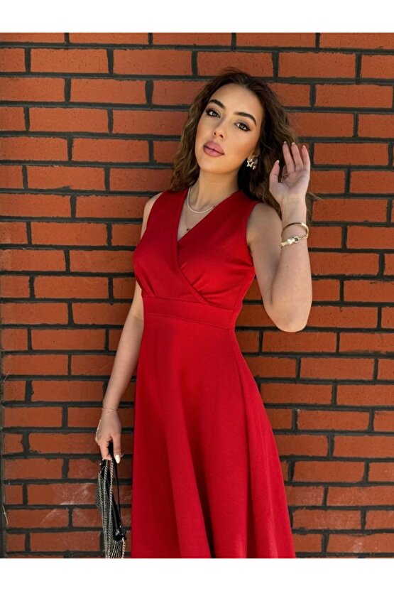 Kadın Ithal Krep Kumaş Kruvaze Yaka Eteği Kloş Kolsuz Mini Elbise