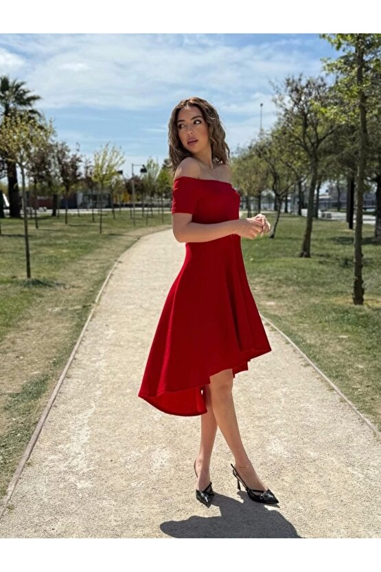 Kadın Kısa Kollu Madonna Yaka önü Kısa Arkası Uzun Ithal Krep Elbise