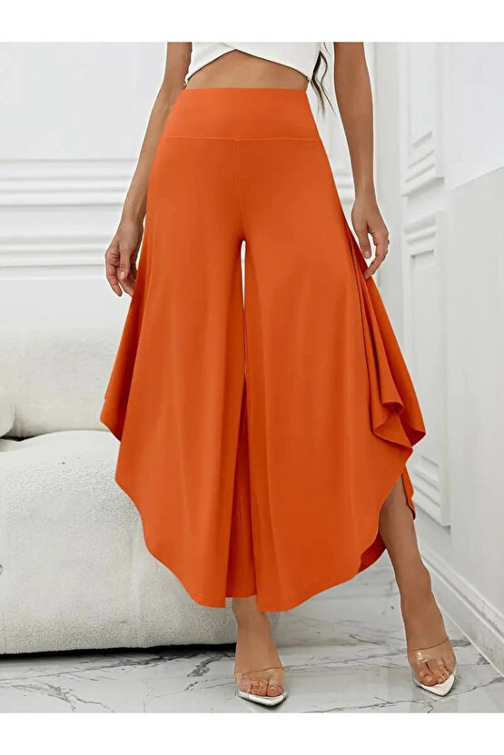 Kadın Yüksek Belli Geniş Paçalı Yanlardan Açık Sandy Pantolon