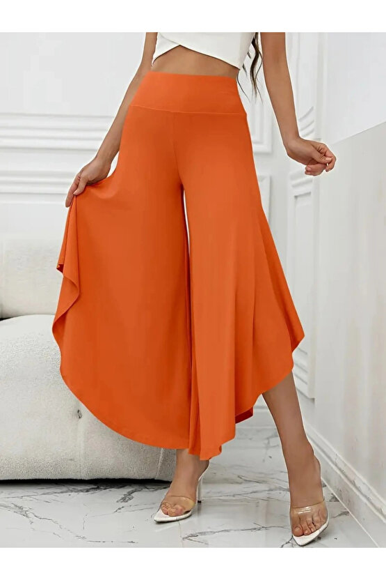 Kadın Yüksek Belli Geniş Paçalı Yanlardan Açık Sandy Pantolon