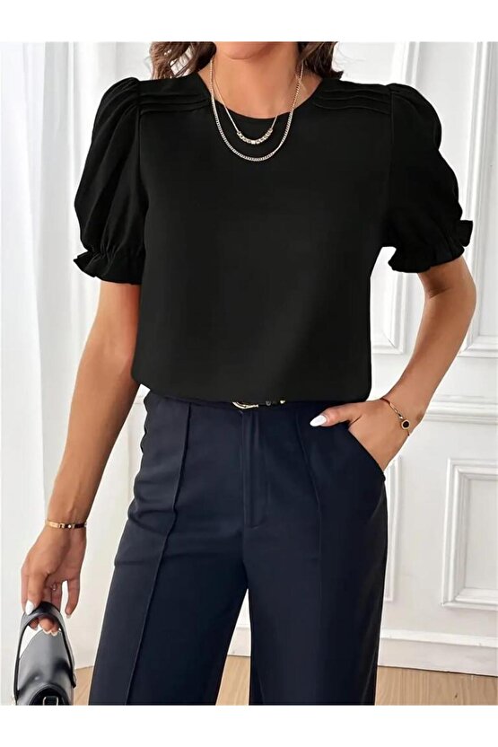 Kadın Kısa Kollu Bisiklet Yaka Kolları Gipeli Ithal Krep Bluz