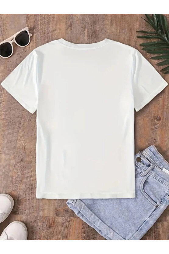 Fiyonk Baskılı Oversize Bisiklet Yaka T-shirt - Beyaz
