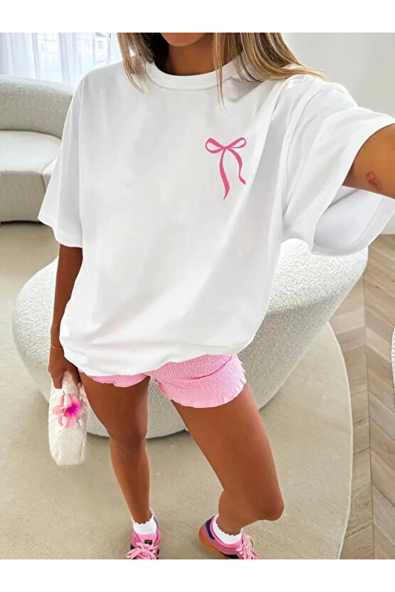 Fiyonk Baskılı Oversize Bisiklet Yaka T-shirt - Beyaz