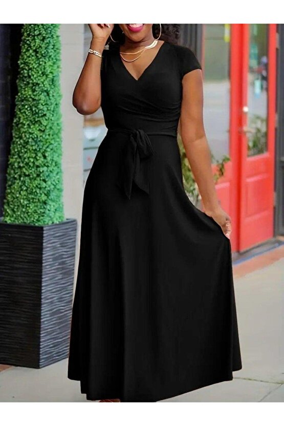Kadın Kısa Kollu V Yakalı Belden Kuşaklı Maksi Boy Viskon Elbise