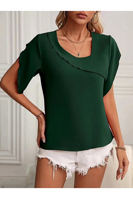 Kendim Fashion Kadın Kısa Kollu Yaka Ve Kol Detay Jesica Bluz