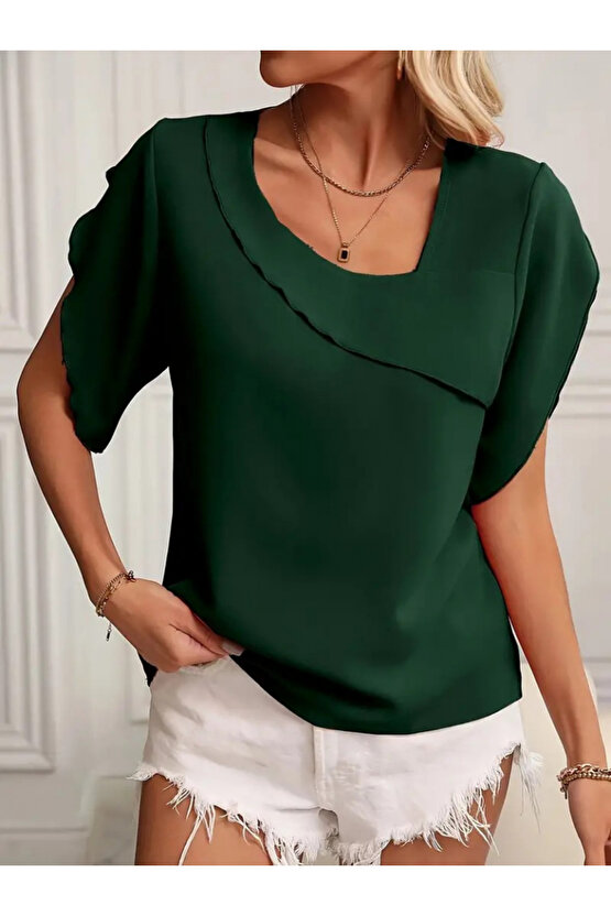 Kendim Fashion Kadın Kısa Kollu Yaka Ve Kol Detay Jesica Bluz