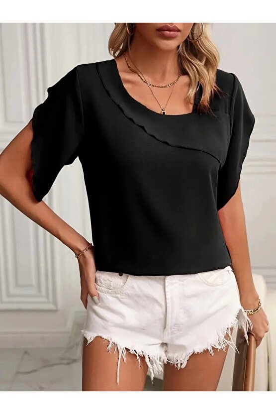 Kadın Kısa Kollu Yaka Ve Kol Detay Jesica Bluz