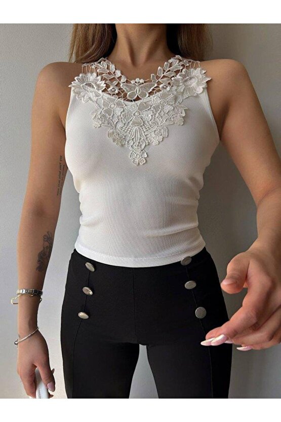 Kadın Ottoman Kumaş Dantel Detaylı Bluz