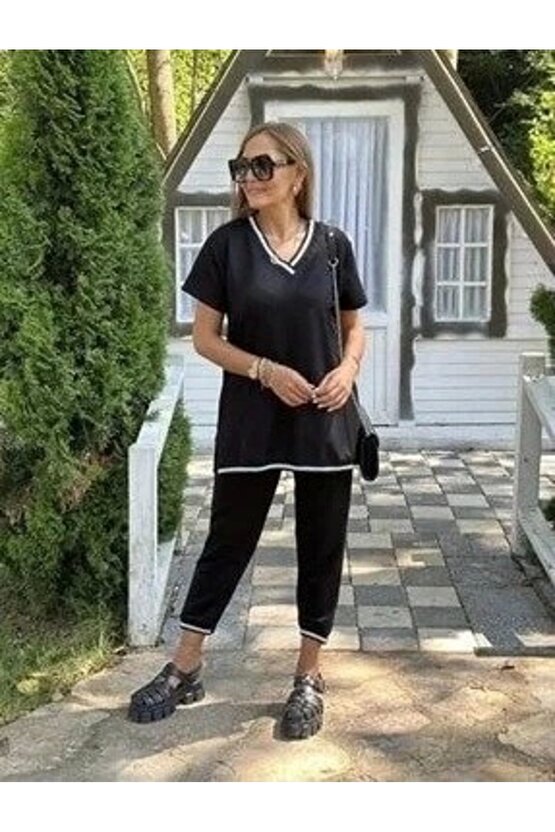 Kadın Kısa Kollu V Yakalı Iki Iplik Bluz Ve Pantolon Ikili Takım