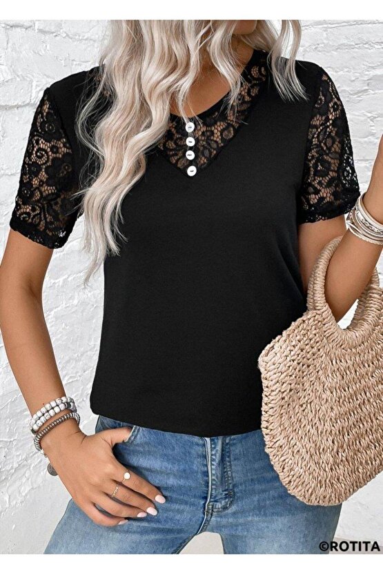 Kadın Kısa Kollu V Yakalı önden Düğmeli Viskon Bluz