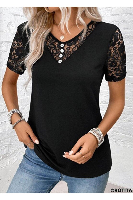 Kadın Kısa Kollu V Yakalı önden Düğmeli Viskon Bluz