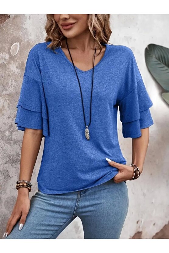 Kadın Kısa Kollu V Yakalı Viskon Bluz