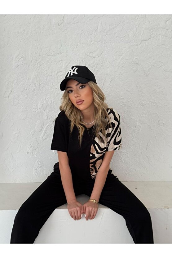 Kadın Bisiklet Yaka Kısa Kol Leopar Desen Bluz Ve Pantolon Ikili Takım