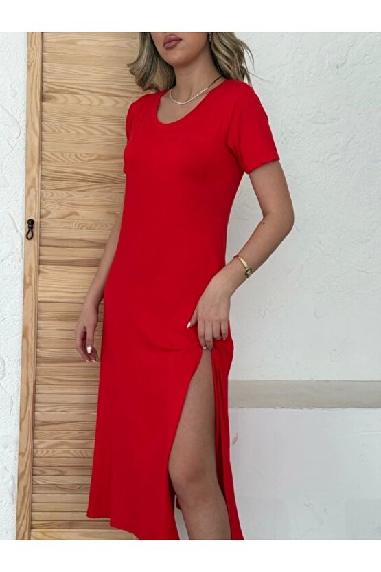 Kadın Kısa Kollu V Yaka Maxi Boy Elbise 124 Cm